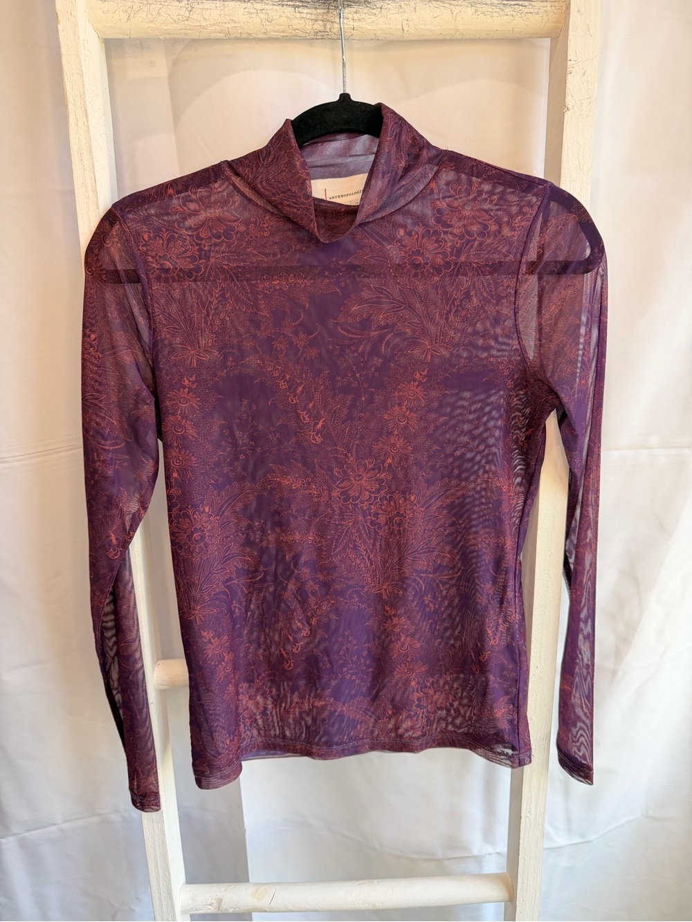 Anthropologie Purple Sheer Long-Sleeve Mock Neck Top